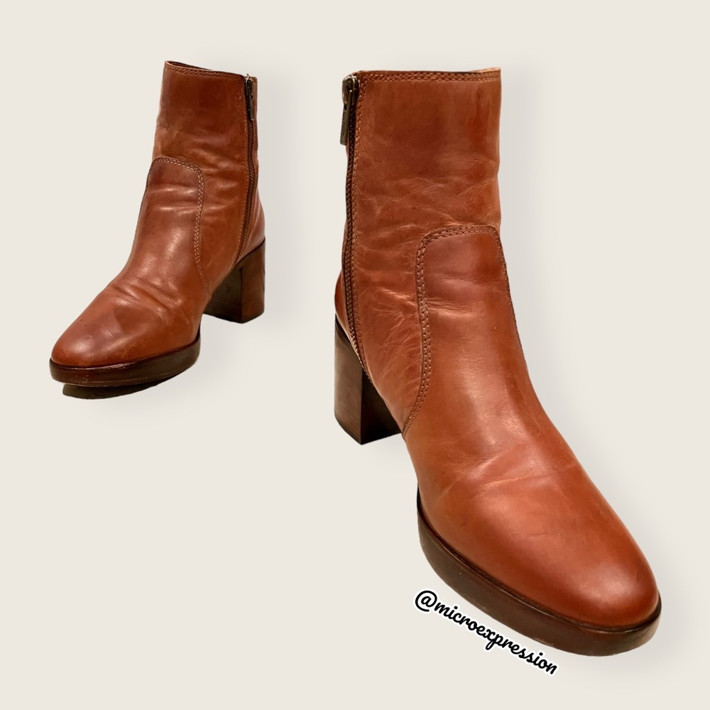 $389 Frye Joan Campus Cognac Brown Side Zip Leather Block Heel Cute Ankle Bootie - Picture 5 of 14